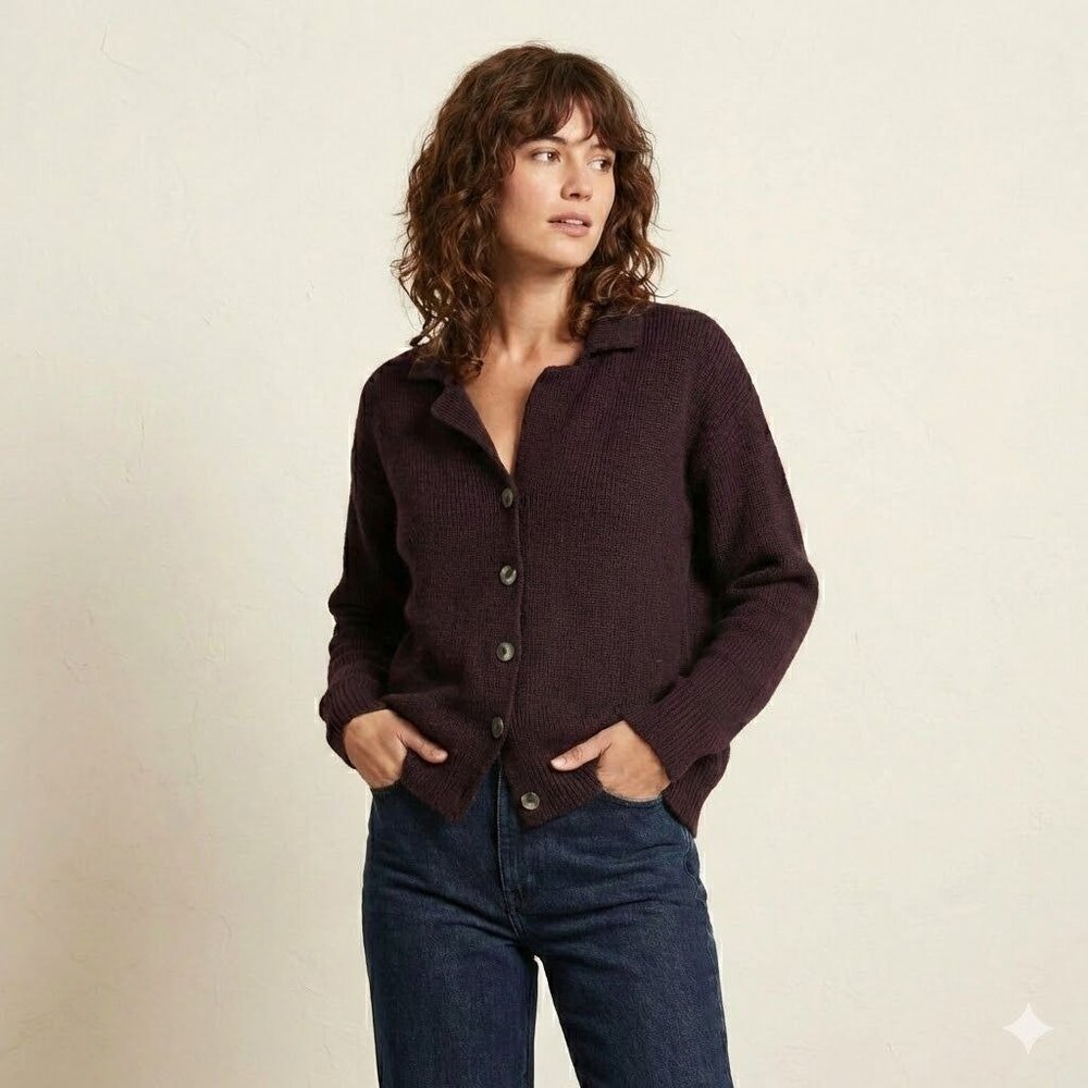Peruvian Connection Alpaca Cardigan Sweater Small Maroon Brown Oversized Knit